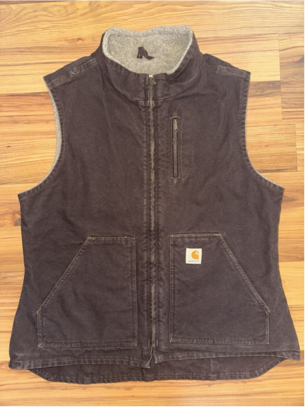 Carhartt Womens Brown Sherpa Lined Canvas Duck Vest Utility Workwear Size L